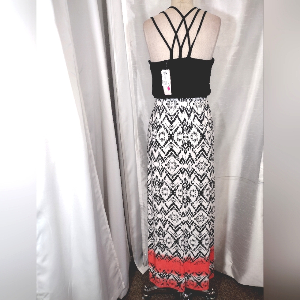 2 Pc: Trixie TAG Maxi Dress+Banana Republic Silk Blouse, Black/White/Coral, XS - Picture 3 of 16